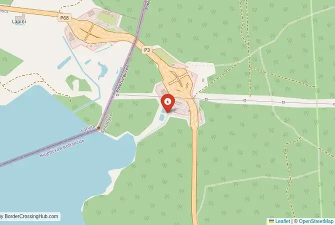 Close-up map showing a border crossing point with marker at the selected land port of entry between Belarus and Latvia