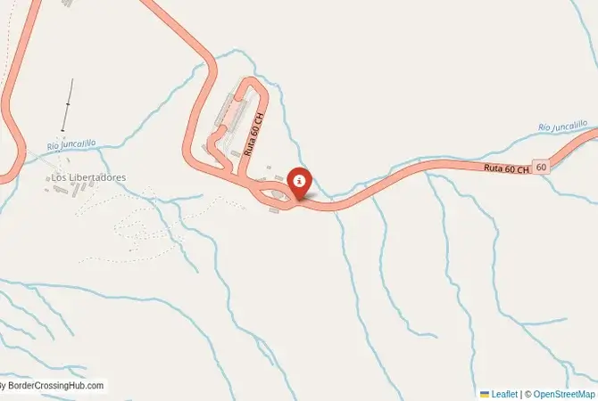 Close-up map showing a border crossing point with marker at the selected land port of entry between Argentina and Chile