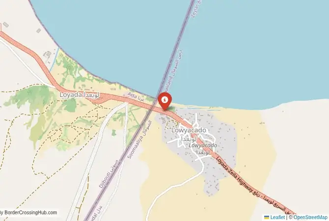 Close-up map showing a border crossing point with marker at the selected land port of entry between Djibouti and Somalia