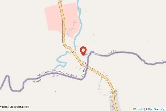 Close-up map showing a border crossing point with marker at the selected land port of entry between Angola and Democratic Republic of the Congo