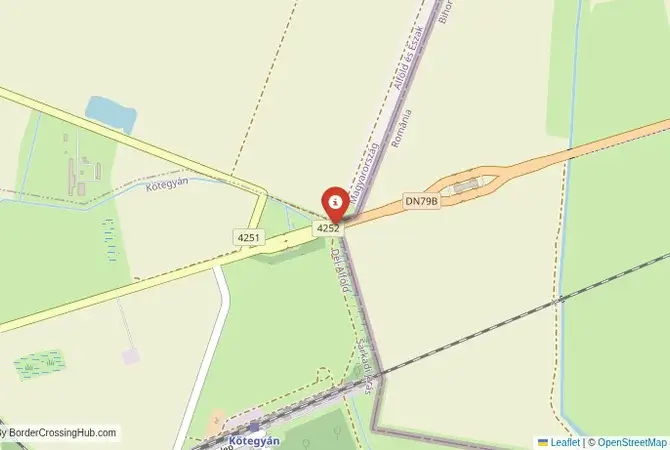 Close-up map showing a border crossing point with marker at the selected land port of entry between Hungary and Romania