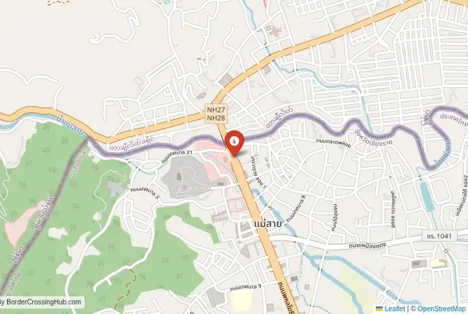 Close-up map showing a border crossing point with marker at the selected land port of entry between Myanmar and Thailand