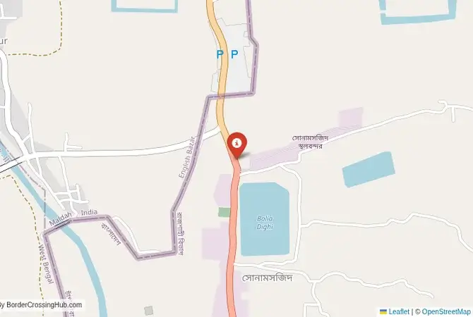 Close-up map showing a border crossing point with marker at the selected land port of entry between Bangladesh and India