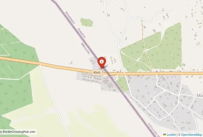 Close-up map showing a border crossing point with marker at the selected land port of entry between South Africa and Eswatini