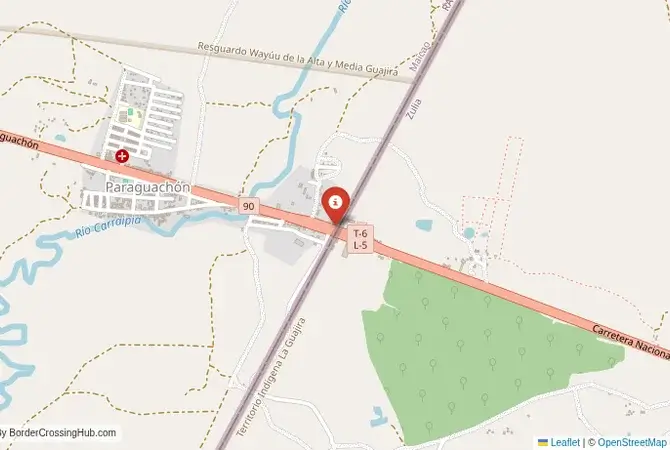 Close-up map showing a border crossing point with marker at the selected land port of entry between Colômbia and Venezuela