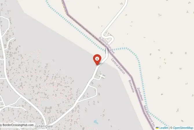 Close-up map showing a border crossing point with marker at the selected land port of entry between Botswana and Zimbabwe