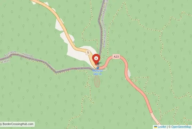 Close-up map showing a border crossing point with marker at the selected land port of entry between Bulgaria and Greece