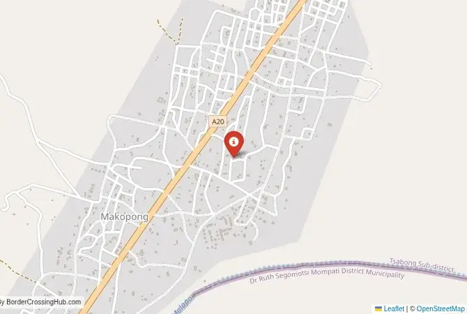 Close-up map showing a border crossing point with marker at the selected land port of entry between South Africa and Botswana