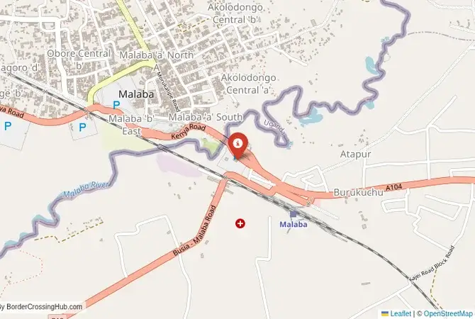 Close-up map showing a border crossing point with marker at the selected land port of entry between Kenya and Uganda