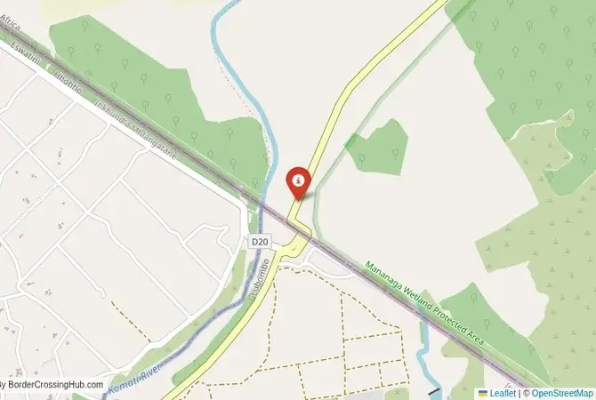 Close-up map showing a border crossing point with marker at the selected land port of entry between South Africa and Eswatini