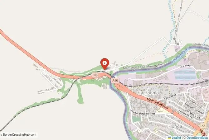 Close-up map showing a border crossing point with marker at the selected land port of entry between South Africa and Lesotho