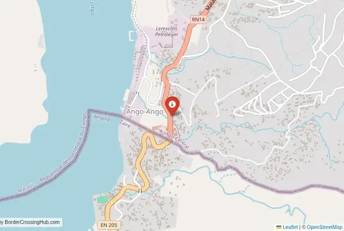 Close-up map showing a border crossing point with marker at the selected land port of entry between Angola and Democratic Republic of the Congo