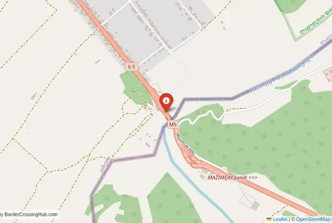 Close-up map showing a border crossing point with marker at the selected land port of entry between Georgia and Azerbaijan