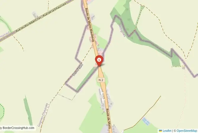 Close-up map showing a border crossing point with marker at the selected land port of entry between France and Belgium