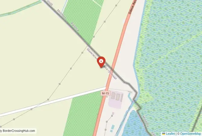 Close-up map showing a border crossing point with marker at the selected land port of entry between Moldova and Ukraine