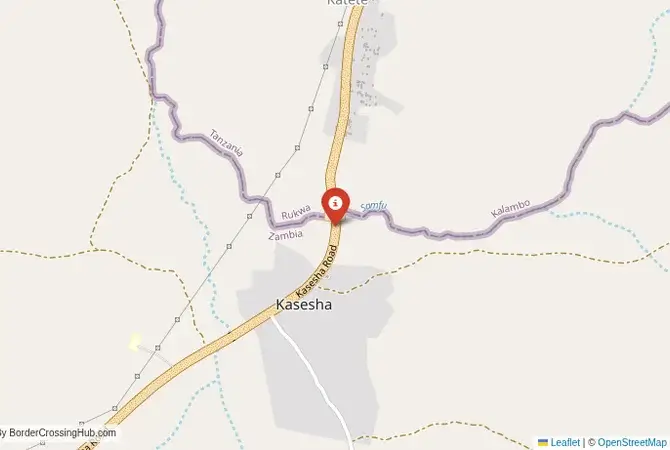 Close-up map showing a border crossing point with marker at the selected land port of entry between Zambia and Tanzania