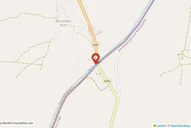 Close-up map showing a border crossing point with marker at the selected land port of entry between South Africa and Botswana