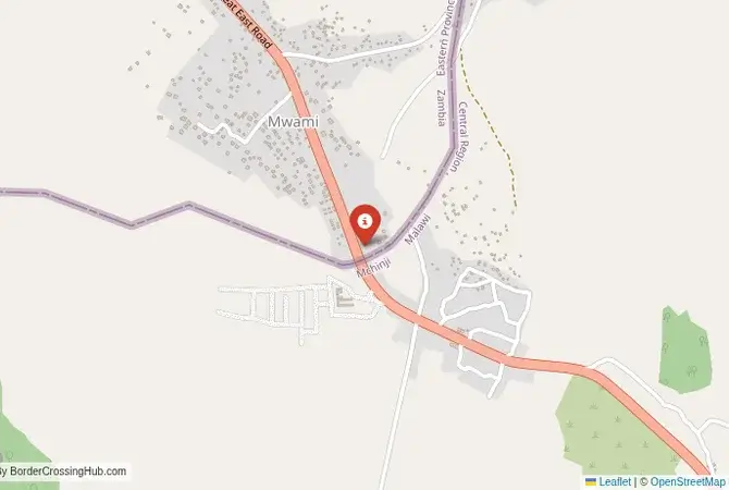 Close-up map showing a border crossing point with marker at the selected land port of entry between Malawi and Zambia