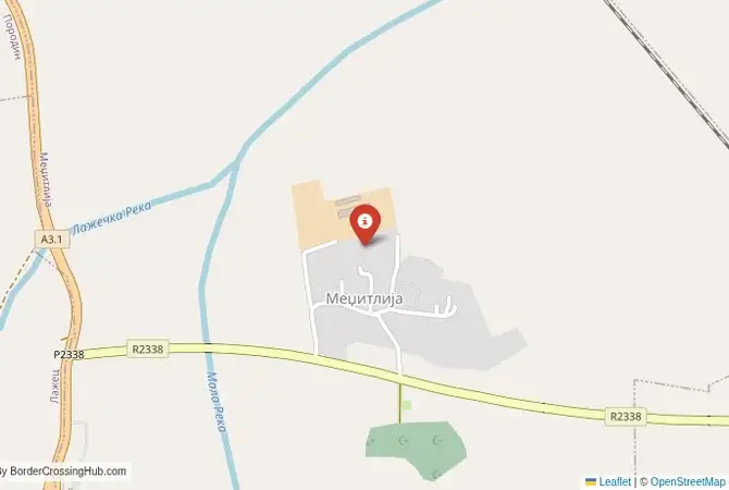 Close-up map showing a border crossing point with marker at the selected land port of entry between North Macedonia and Greece