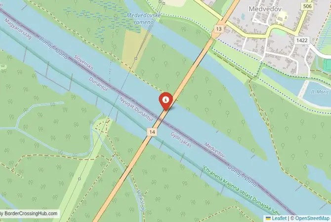 Close-up map showing a border crossing point with marker at the selected land port of entry between Slovakia and Hungary