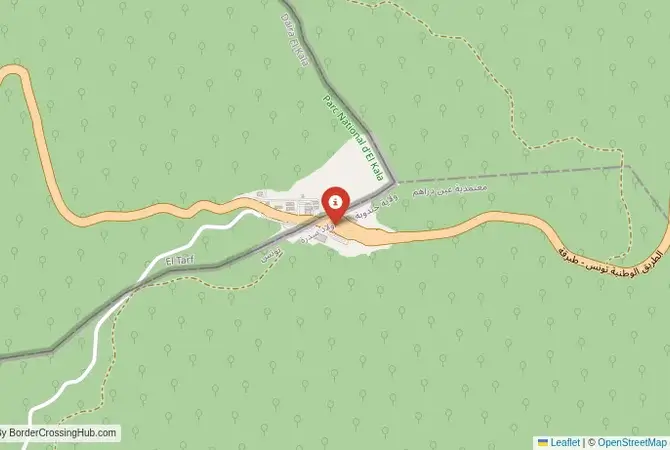 Close-up map showing a border crossing point with marker at the selected land port of entry between Algeria and Tunisia