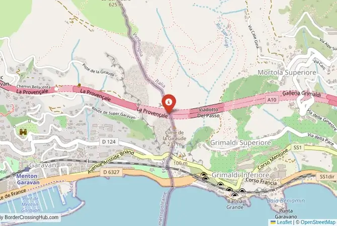 Close-up map showing a border crossing point with marker at the selected land port of entry between France and Italy