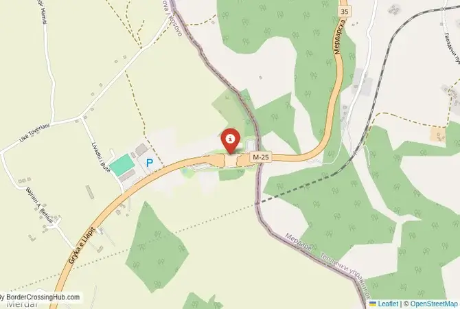 Close-up map showing a border crossing point with marker at the selected land port of entry between Kosovo and Serbia