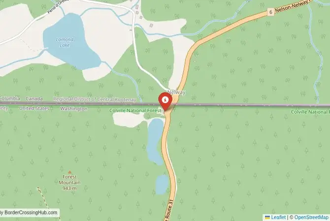 Close-up map showing a border crossing point with marker at the selected land port of entry between United States and Canada