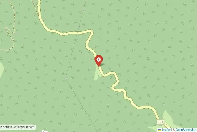 Close-up map showing a border crossing point with marker at the selected land port of entry between Montenegro and Bosnia and Herzegovina