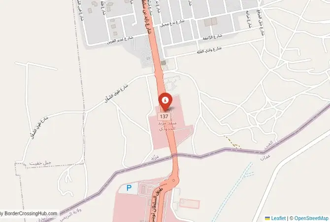 Close-up map showing a border crossing point with marker at the selected land port of entry between United Arab Emirates and Oman