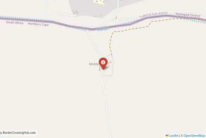 Close-up map showing a border crossing point with marker at the selected land port of entry between South Africa and Botswana