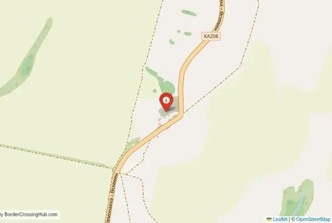 Close-up map showing a border crossing point with marker at the selected land port of entry between Kazakhstan and Russia