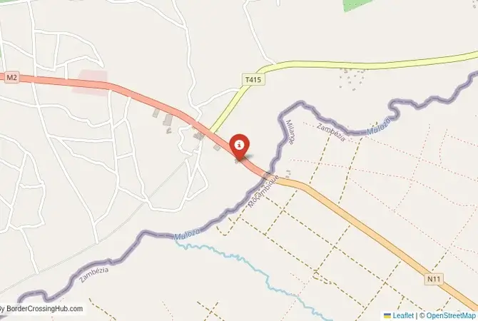 Close-up map showing a border crossing point with marker at the selected land port of entry between Malawi and Mozambique