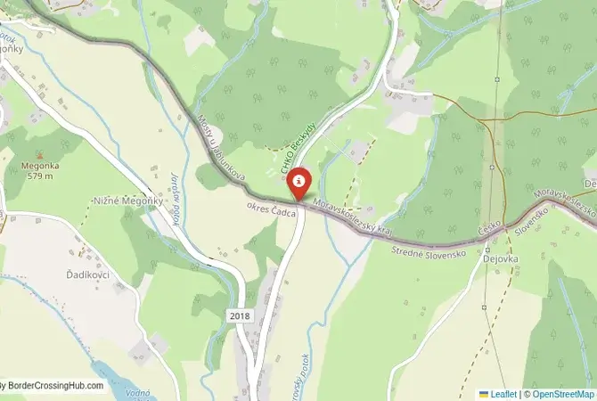 Close-up map showing a border crossing point with marker at the selected land port of entry between Slovakia and Czechia