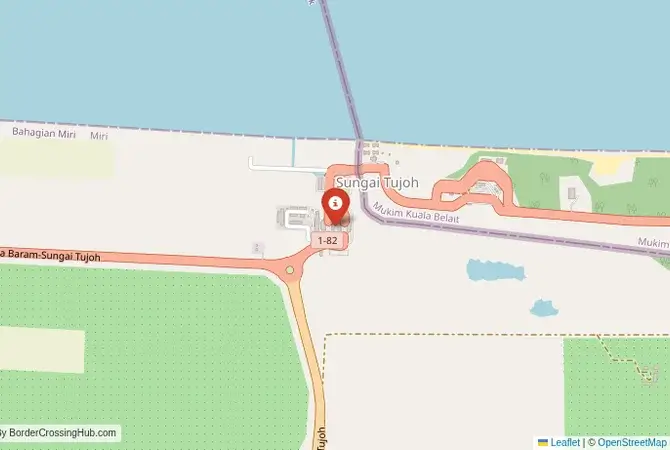 Close-up map showing a border crossing point with marker at the selected land port of entry between Brunei and Malaysia