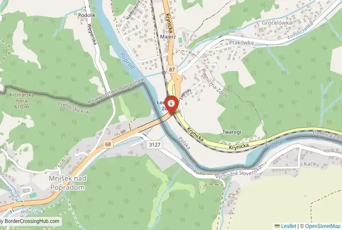 Close-up map showing a border crossing point with marker at the selected land port of entry between Slovakia and Poland