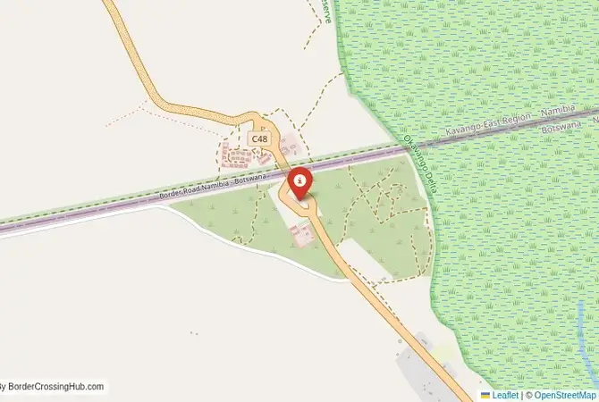 Close-up map showing a border crossing point with marker at the selected land port of entry between Namibia and Botswana