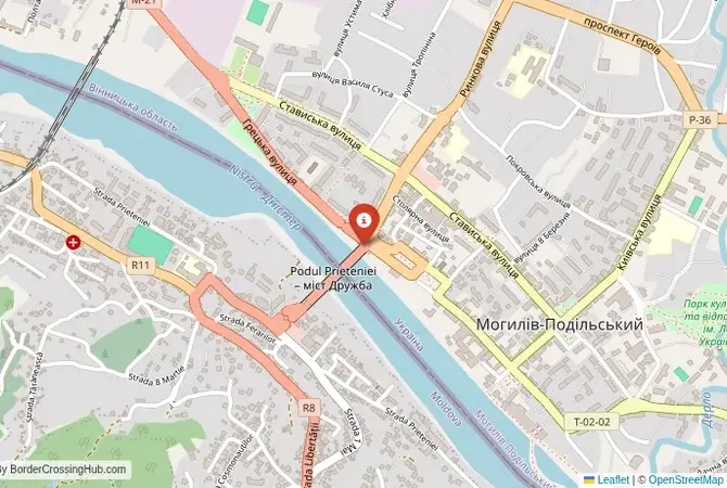 Close-up map showing a border crossing point with marker at the selected land port of entry between Moldova and Ukraine