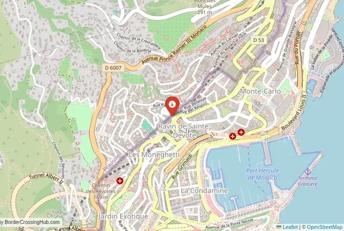 Close-up map showing a border crossing point with marker at the selected land port of entry between Monaco and France
