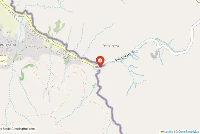 Close-up map showing a border crossing point with marker at the selected land port of entry between South Africa and Lesotho