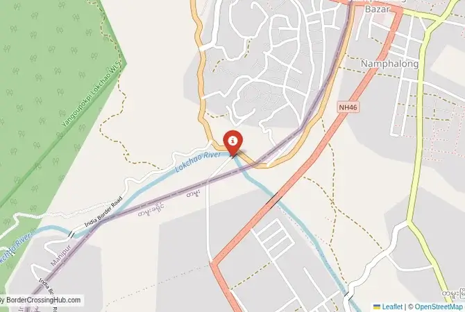Close-up map showing a border crossing point with marker at the selected land port of entry between India and Myanmar