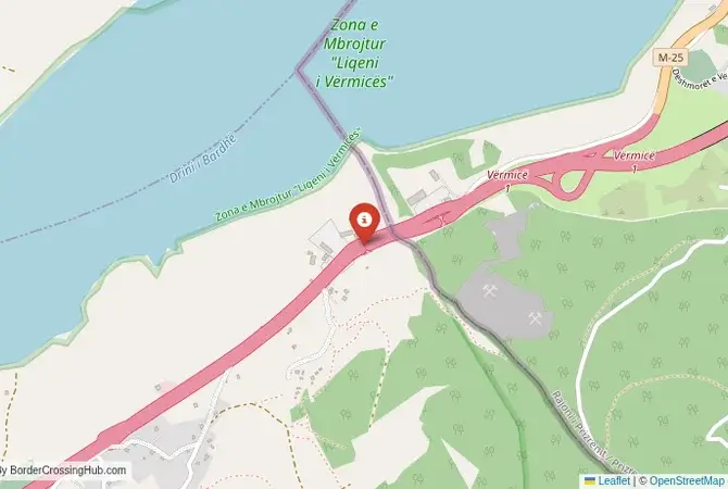 Close-up map showing a border crossing point with marker at the selected land port of entry between Albania and Kosovo