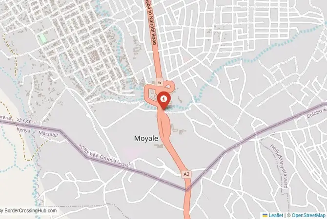 Close-up map showing a border crossing point with marker at the selected land port of entry between Kenya and Ethiopia