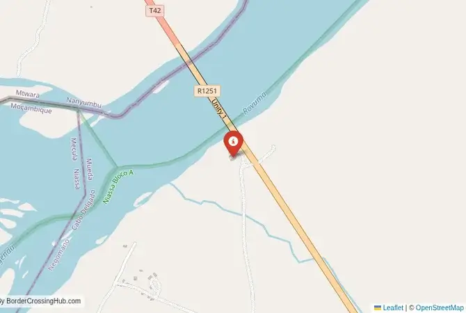 Close-up map showing a border crossing point with marker at the selected land port of entry between Mozambique and Tanzania