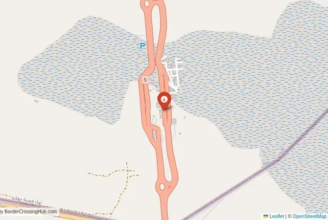 Close-up map showing a border crossing point with marker at the selected land port of entry between Jordan and Saudi Arabia