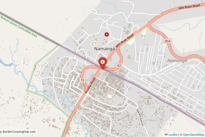 Close-up map showing a border crossing point with marker at the selected land port of entry between Burundi and Tanzania