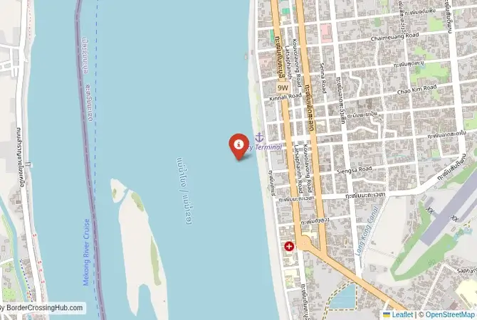Close-up map showing a border crossing point with marker at the selected land port of entry between Laos and Thailand