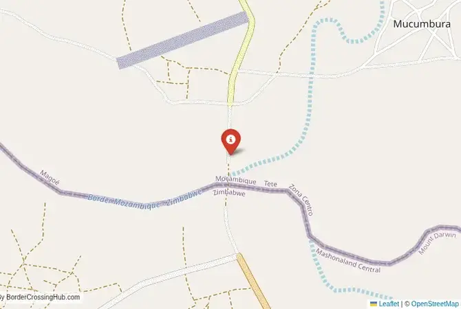 Close-up map showing a border crossing point with marker at the selected land port of entry between Mozambique and Zimbabwe