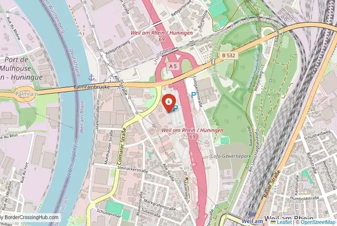 Close-up map showing a border crossing point with marker at the selected land port of entry between France and Germany
