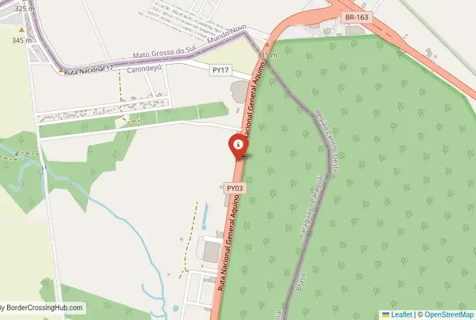 Close-up map showing a border crossing point with marker at the selected land port of entry between Brazil and Paraguay